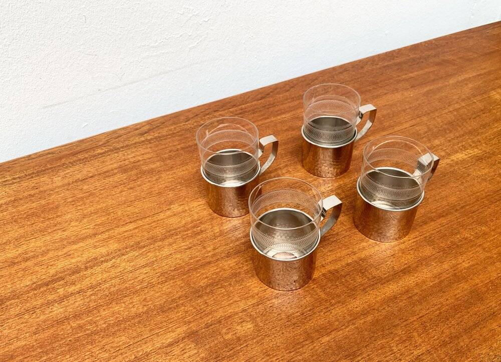 Vintage tea glasses RDA from East Germany by MUQ, Metallwarenfabrik Union Quedlinburg, set of 4.