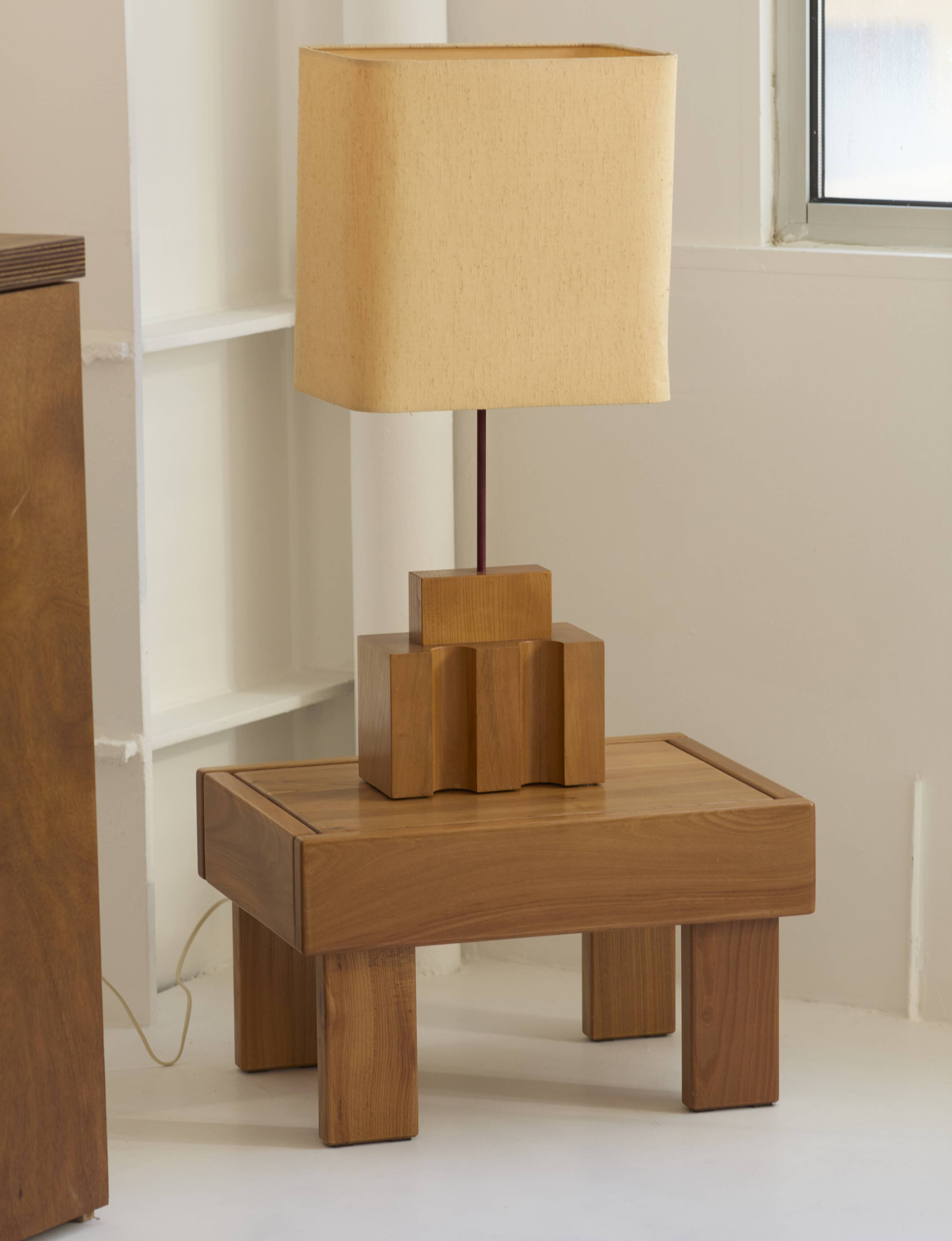 Maison Regain lamp in solid elm and its original lampshade Circa 1980