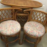 Table and 2 armchairs set in rattan and wicker, 70s/80s