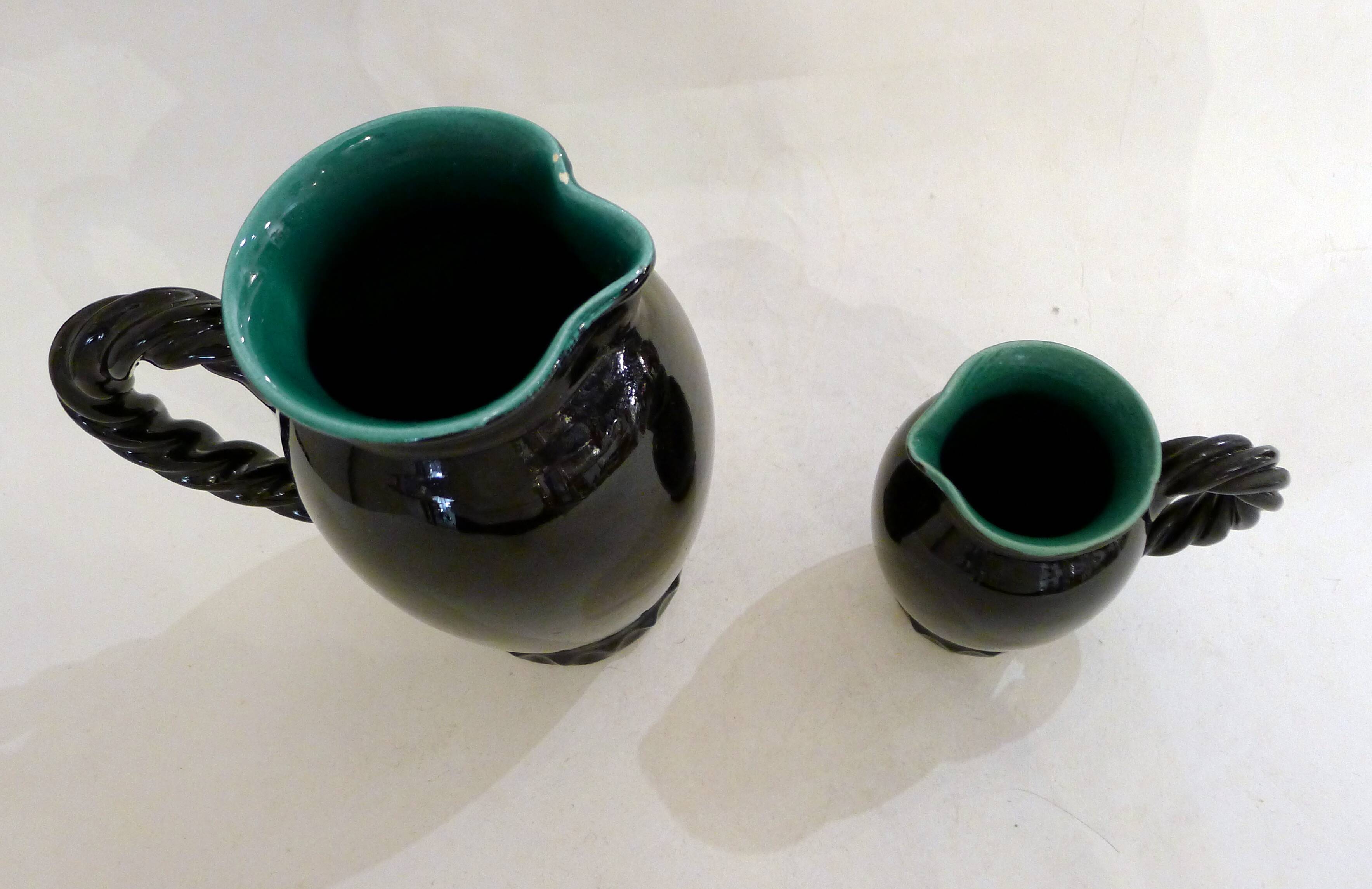 Set of 2 pitchers with braided handles, in Grandjan-Jourdan Vallauris earthenware, 1950