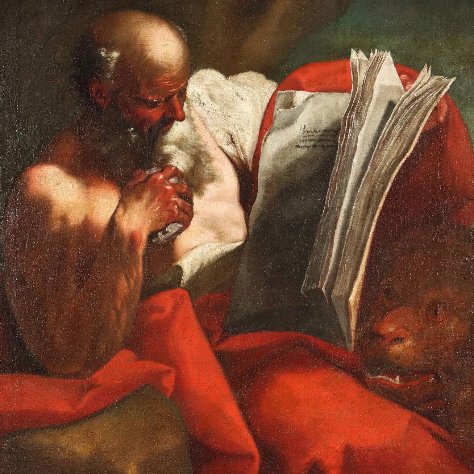 Ancient painting of Saint Jerome, oil on canvas, Italy 17th century.
