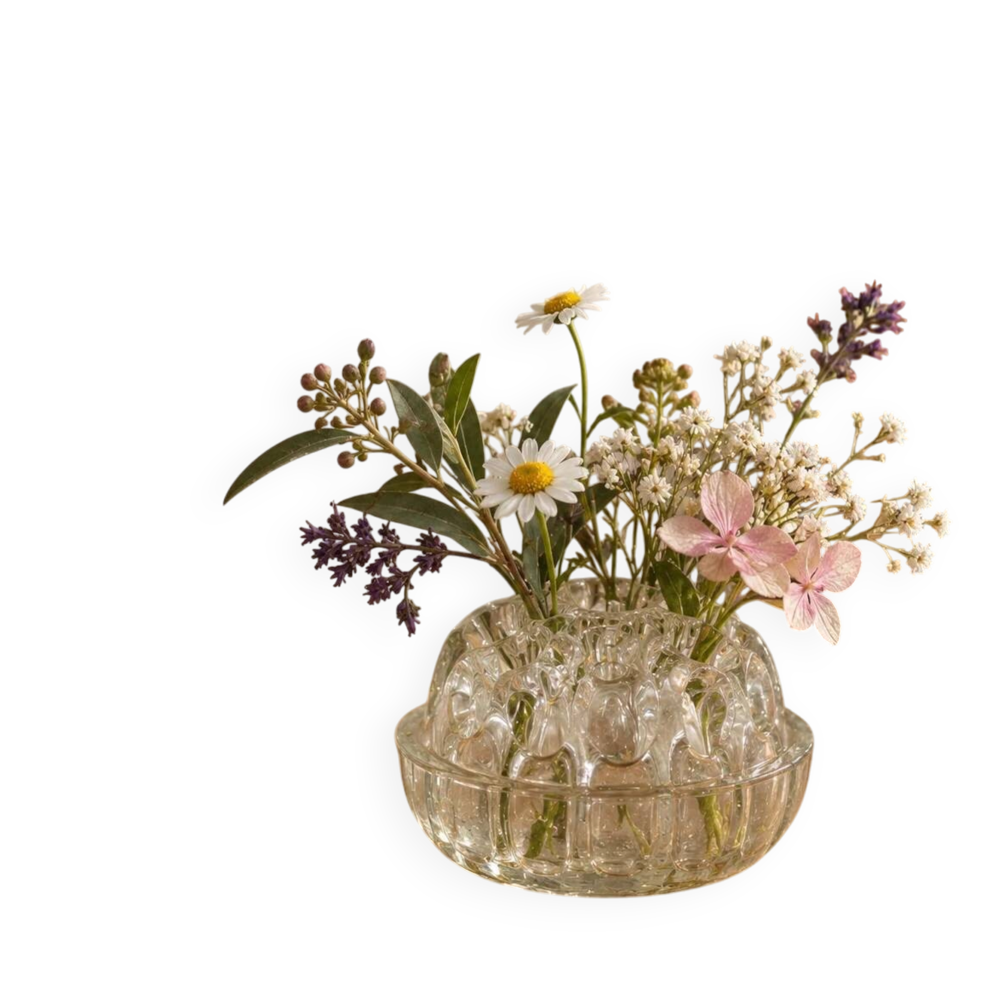 Vintage clear moulded glass flower holder – Flower holder – Ø 10 cm