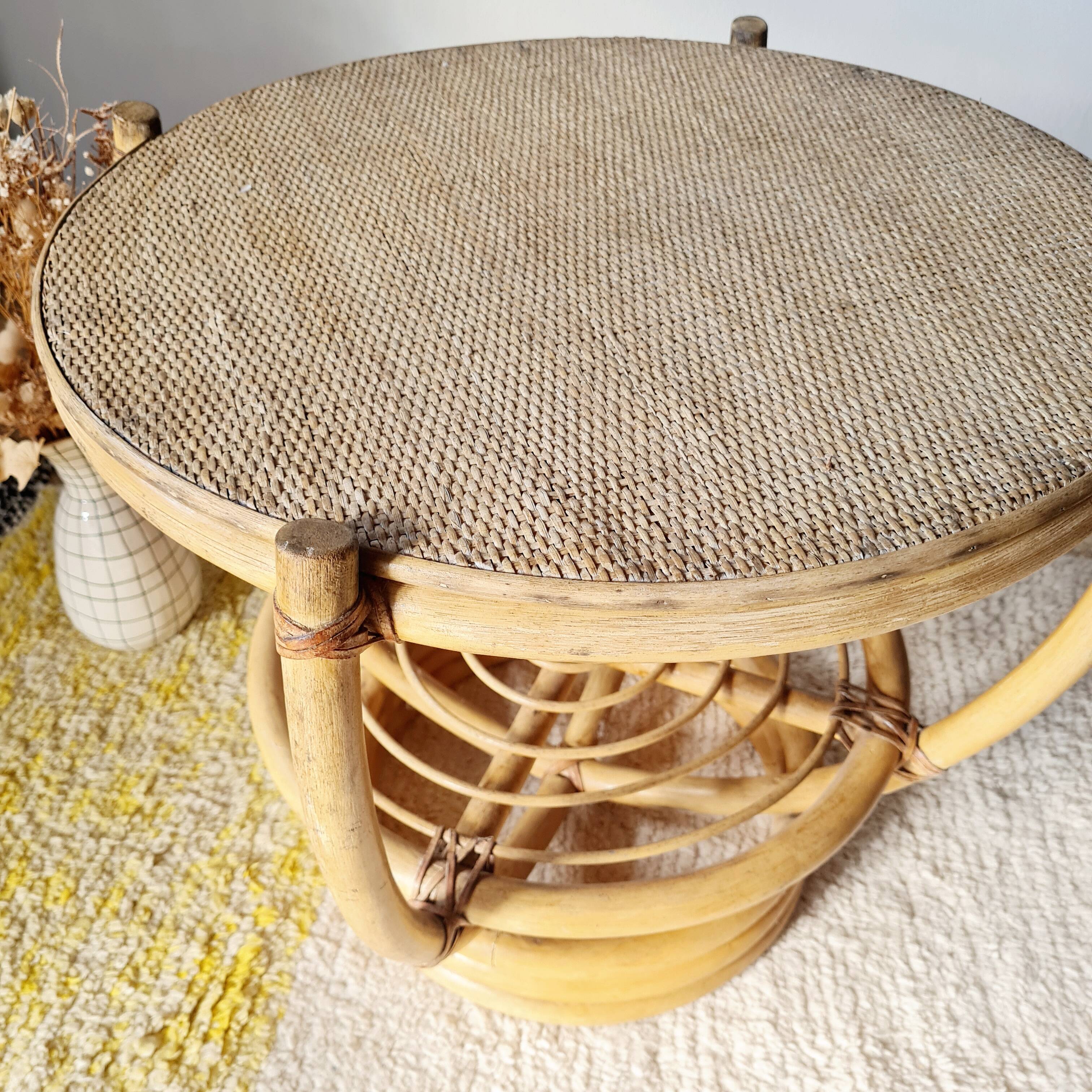 Vintage rattan side table with two round tops – 1960