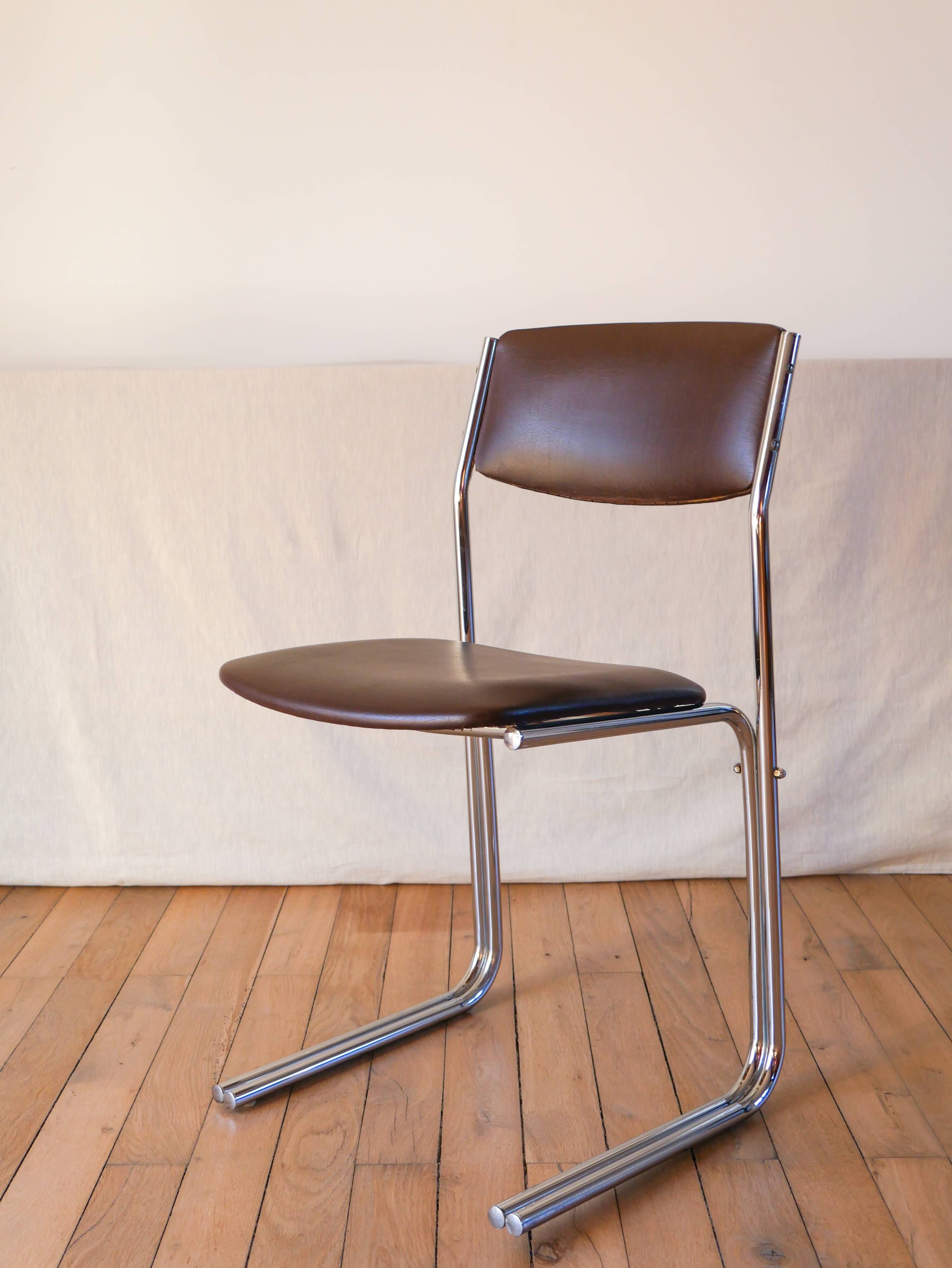 Office chair in brown skai and chrome tubular legs design 1970