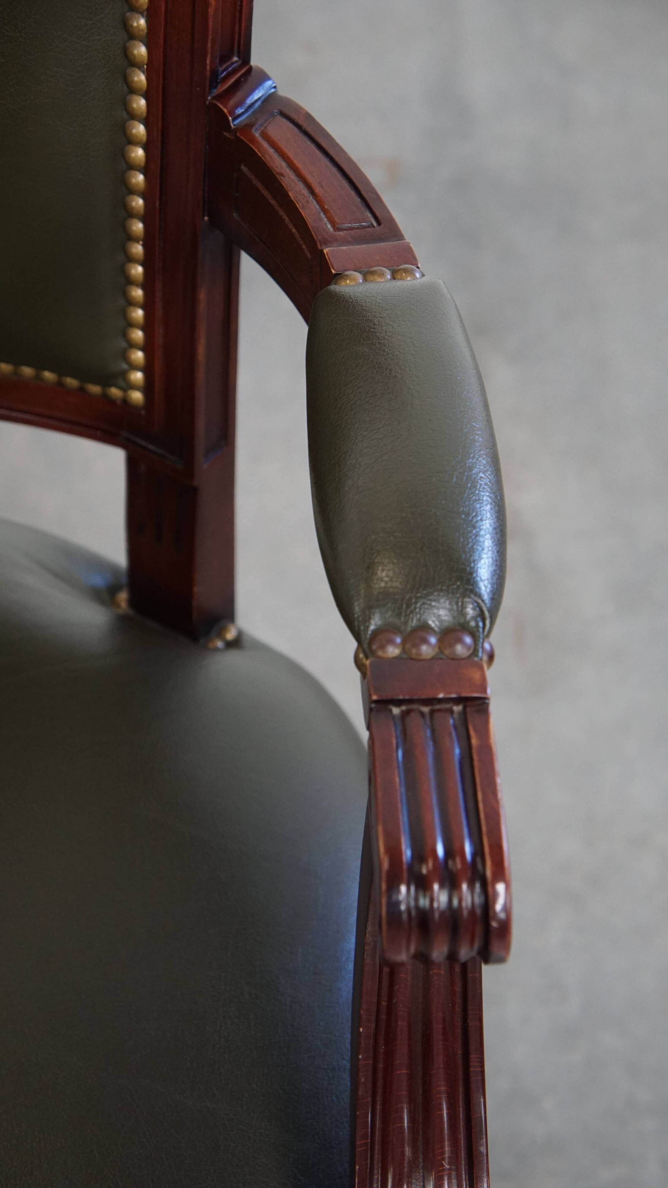 Green Cowhide Leather and Wooden Office Chair in English Style on Casters