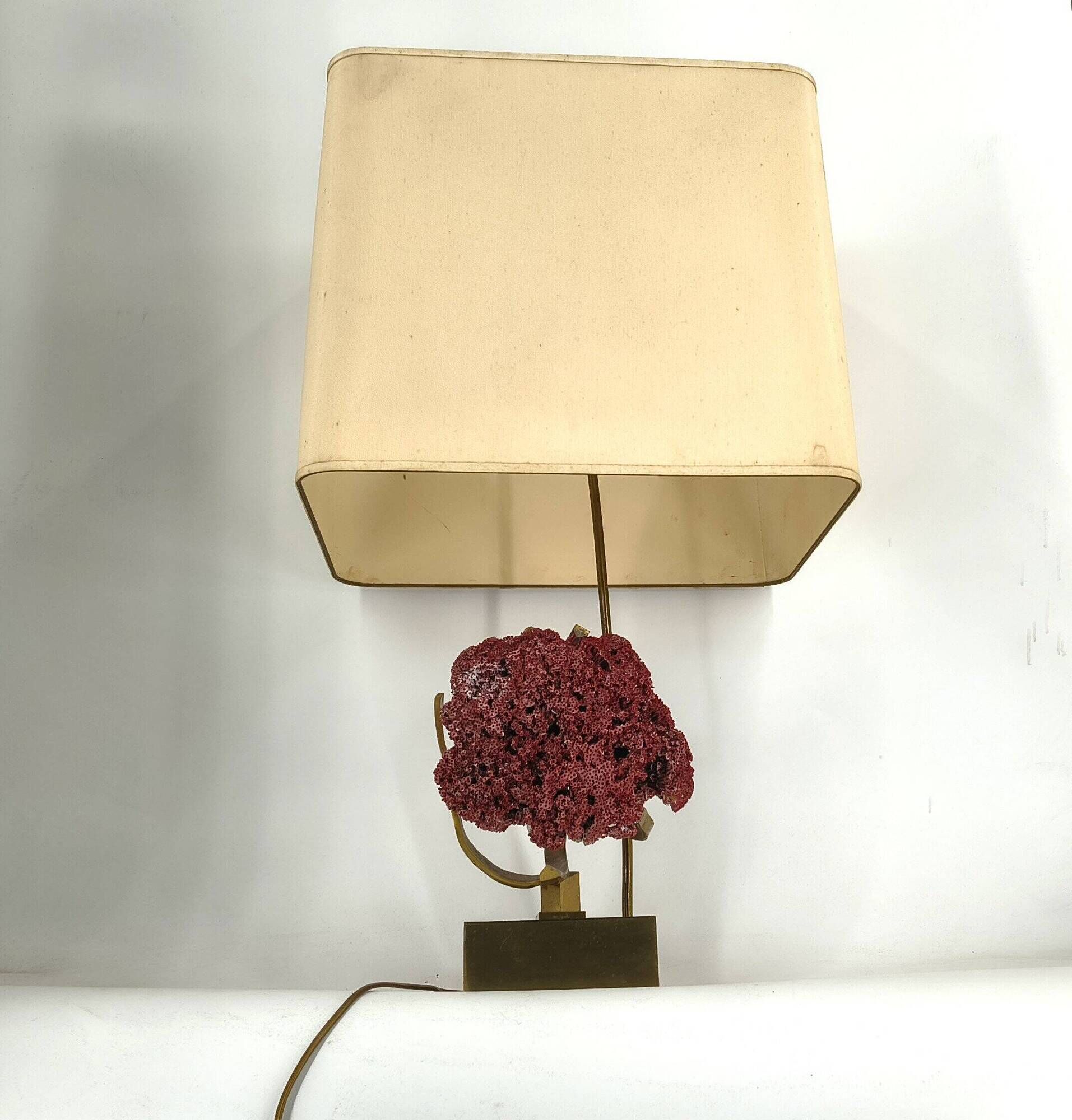 Rare red pipe organ coral brass table lamp, 1970s