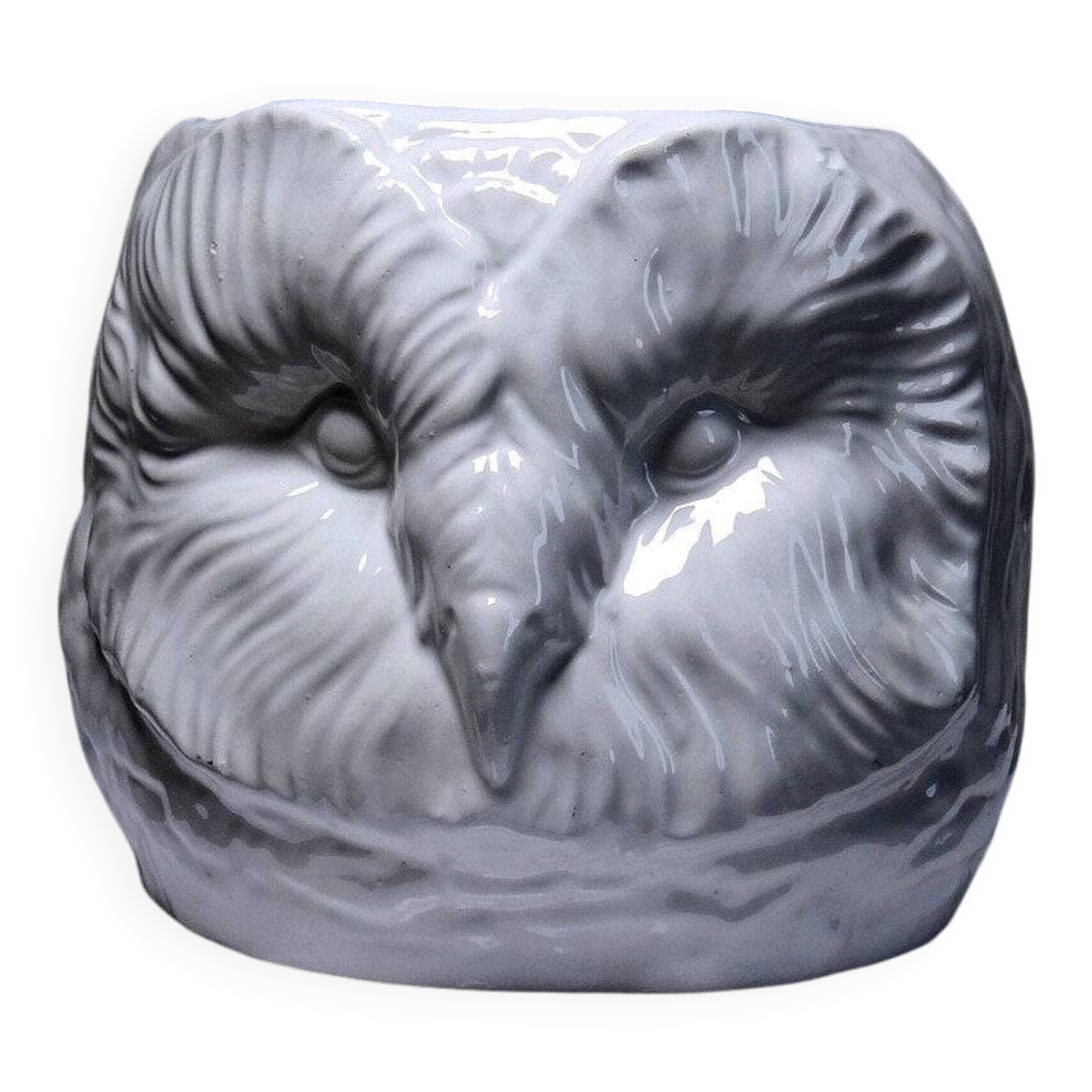 Large owl head cache-pot in vintage Italian white faience.