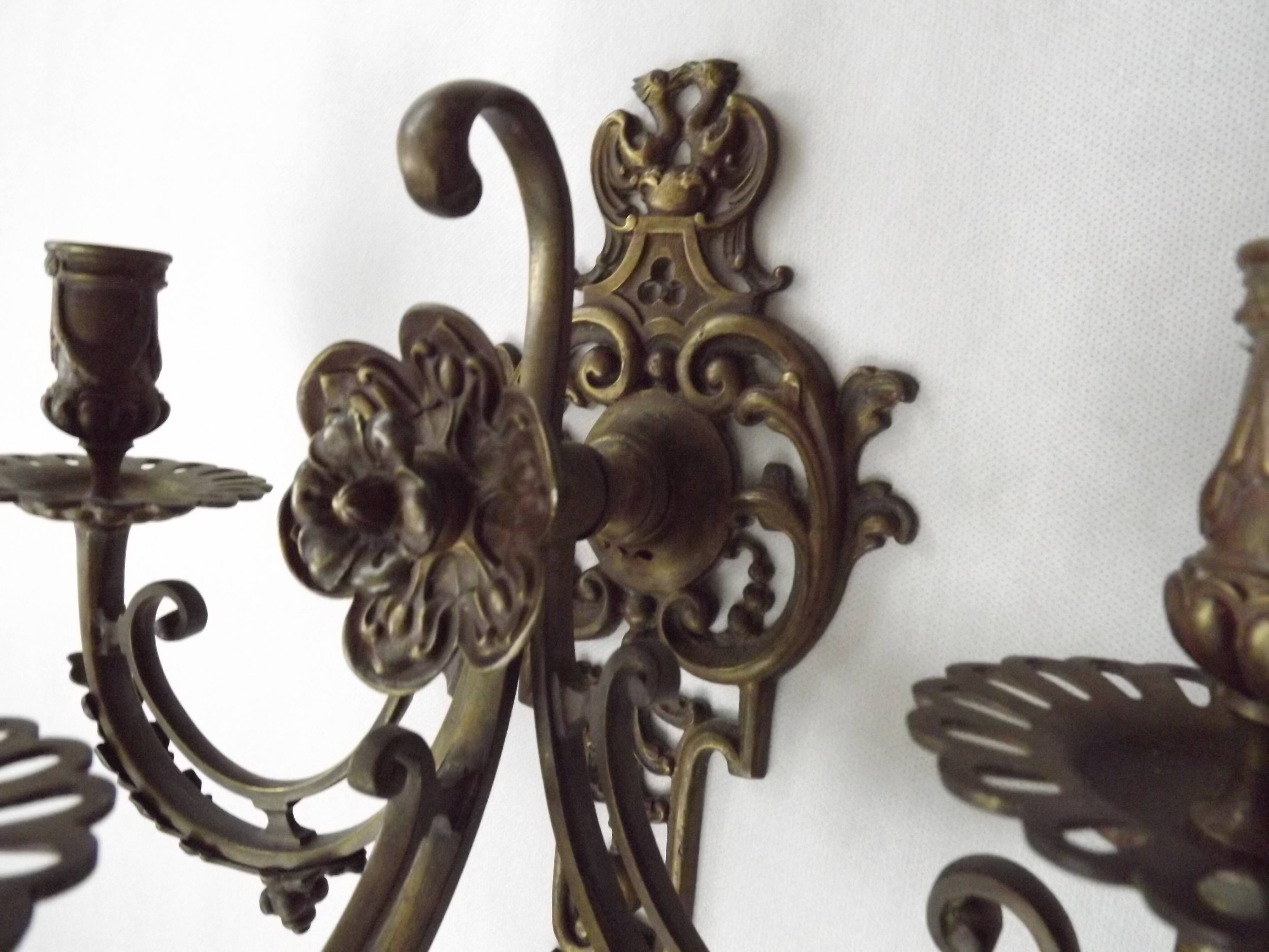 Pair of Heavy Victorian Bronze Triple Wall Sconces Griffin & Flower Detail