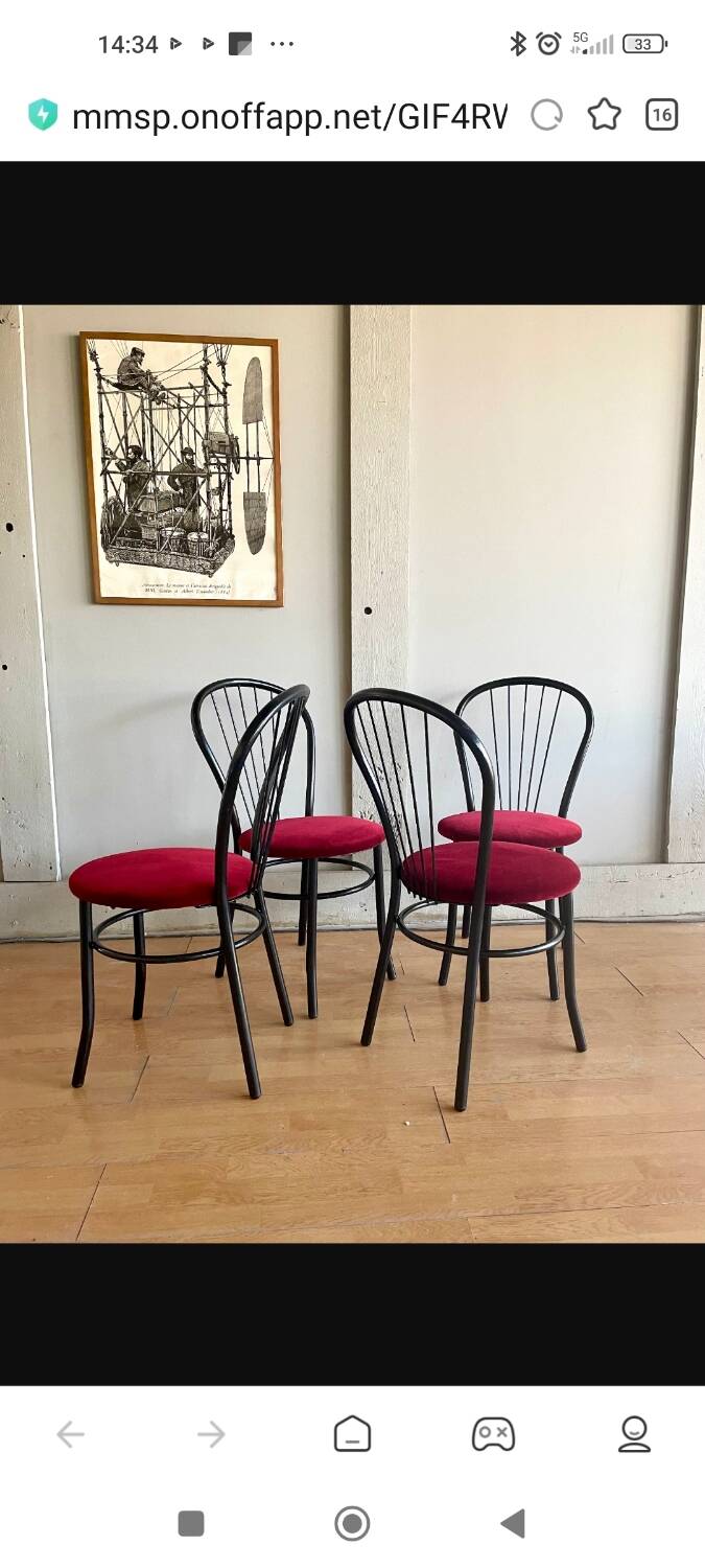 4 black metal bistro chairs with garnet red velvet