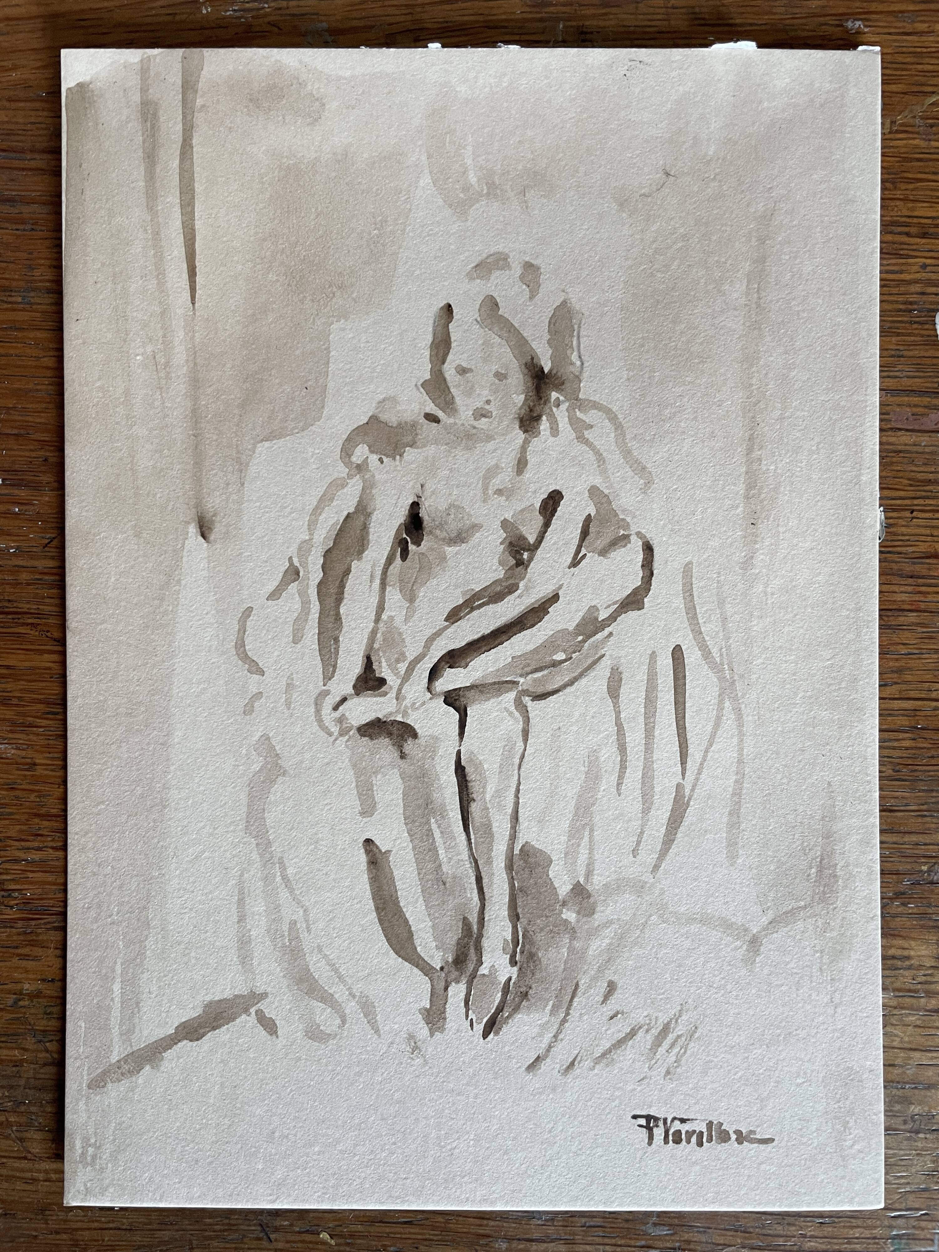 Tableau signé aquarelle portrait féminin « esquisse sortie du bain »
