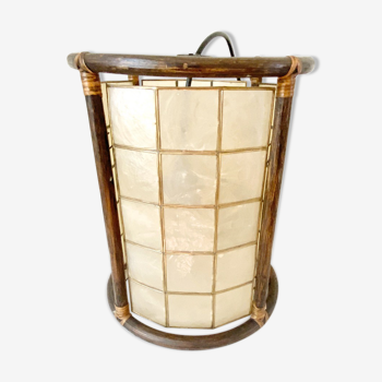 Hanging lamp in mother-of-pearl, brass and rattan