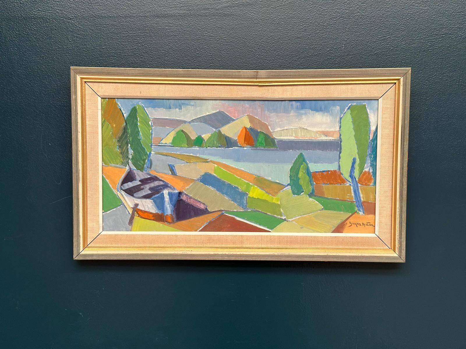 Original Mid Century Swedish Oil On Canvas — Fractured Horizon By Yngve Andersson — Signed — Vintage & Framed — 34 × 62 Cm (13.4" × 24.4")