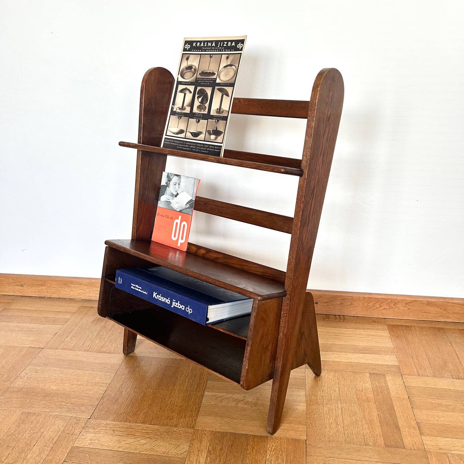 Handheld/carry-on bookcase, design A. Bocek for Krasna Jizba, Czechoslovakia, 1949