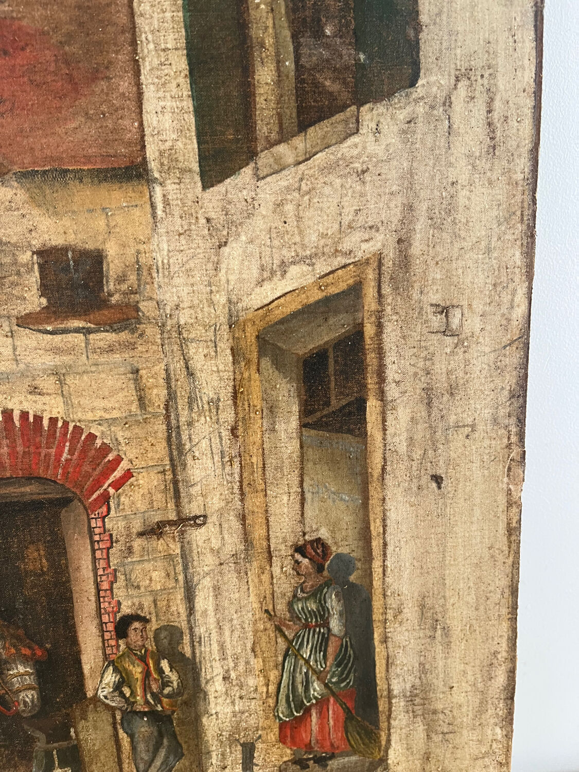 Oil on panel, "Farmyard with Horse"