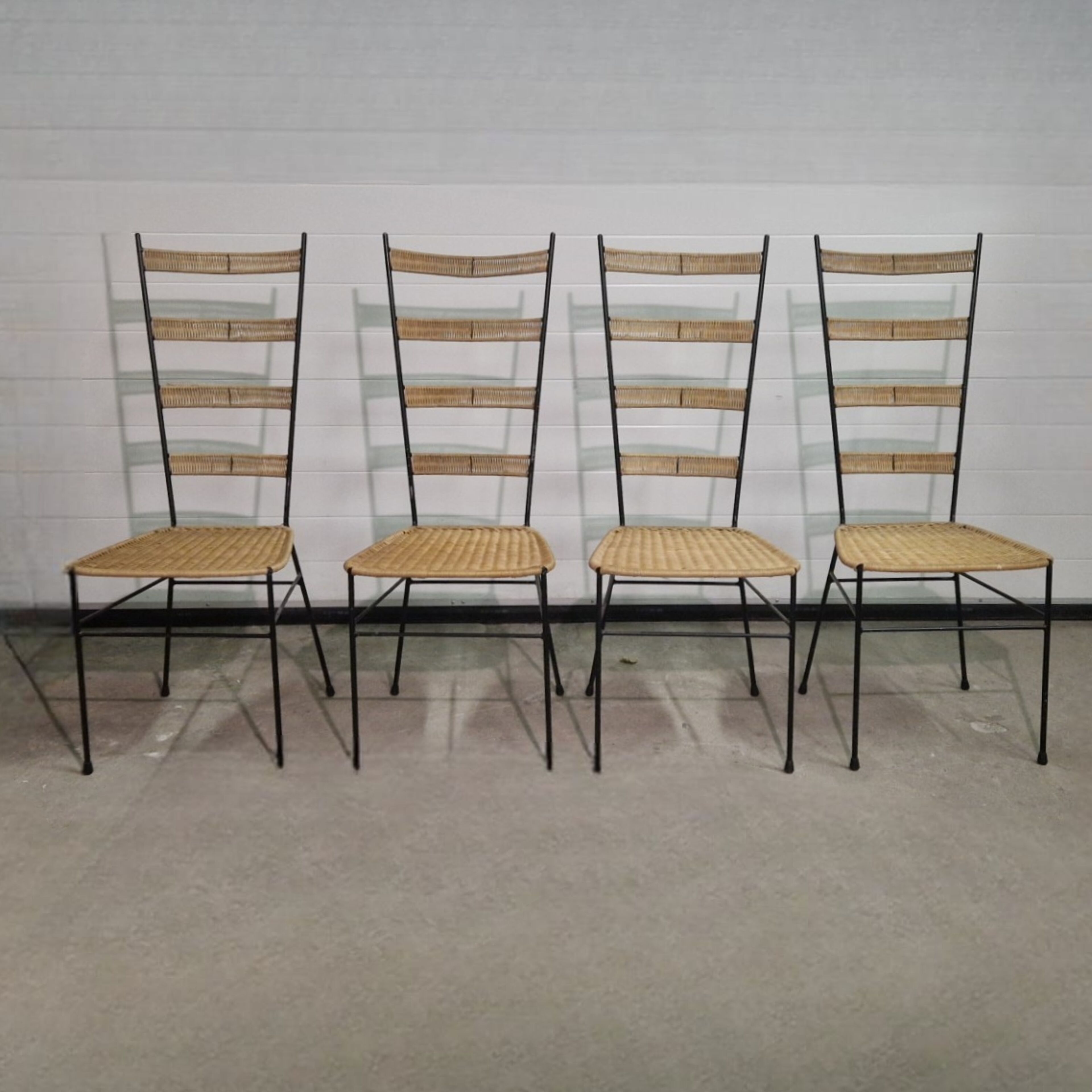 Mid century metal and wicker dining chairs, France 1950s