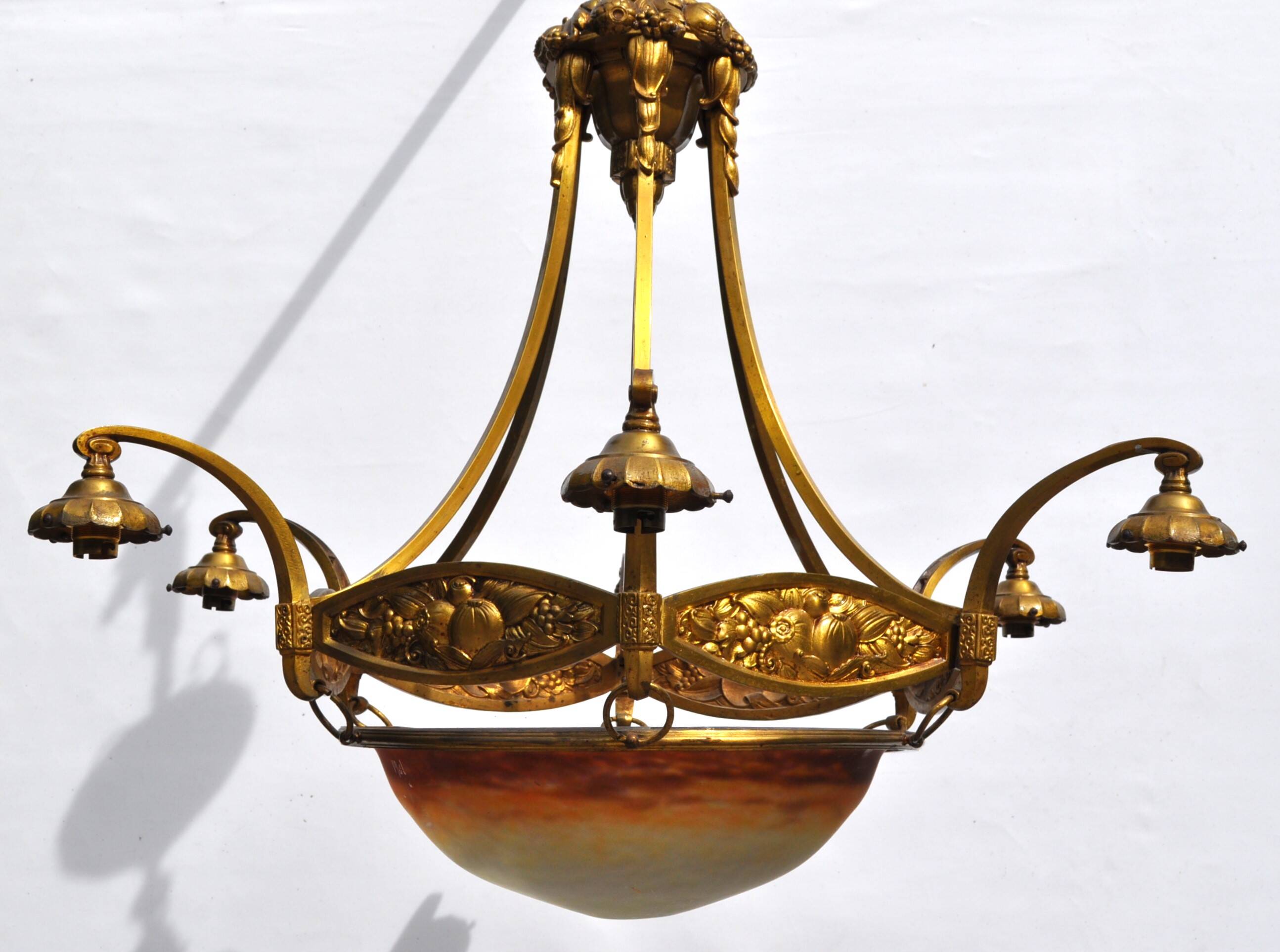 Muller frères Art Deco Chandelier - Bronze & Glass Paste - 1930s