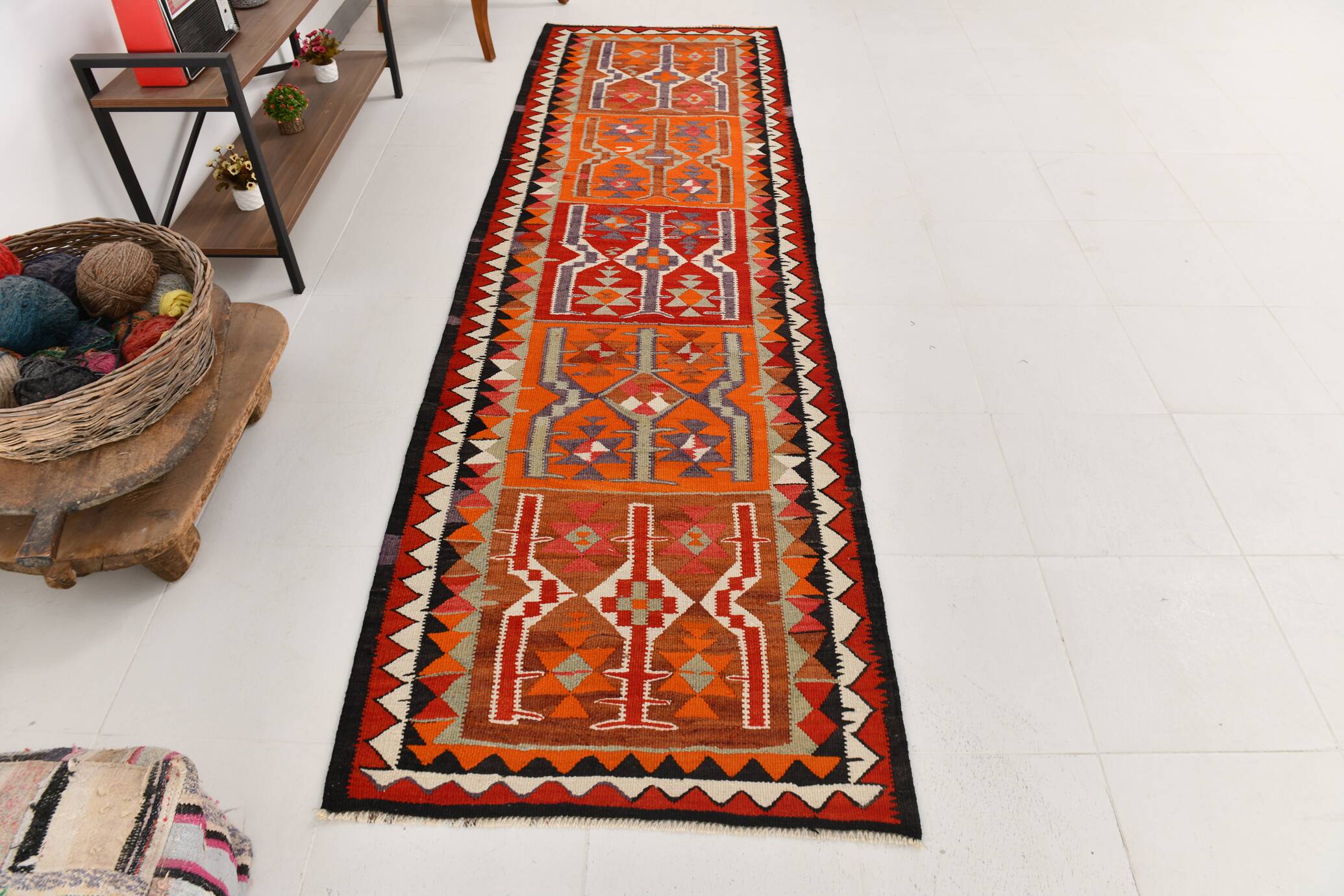 3x10 Red & Orange Tribal Kilim Runner Rug 93x308Cm SK 34615