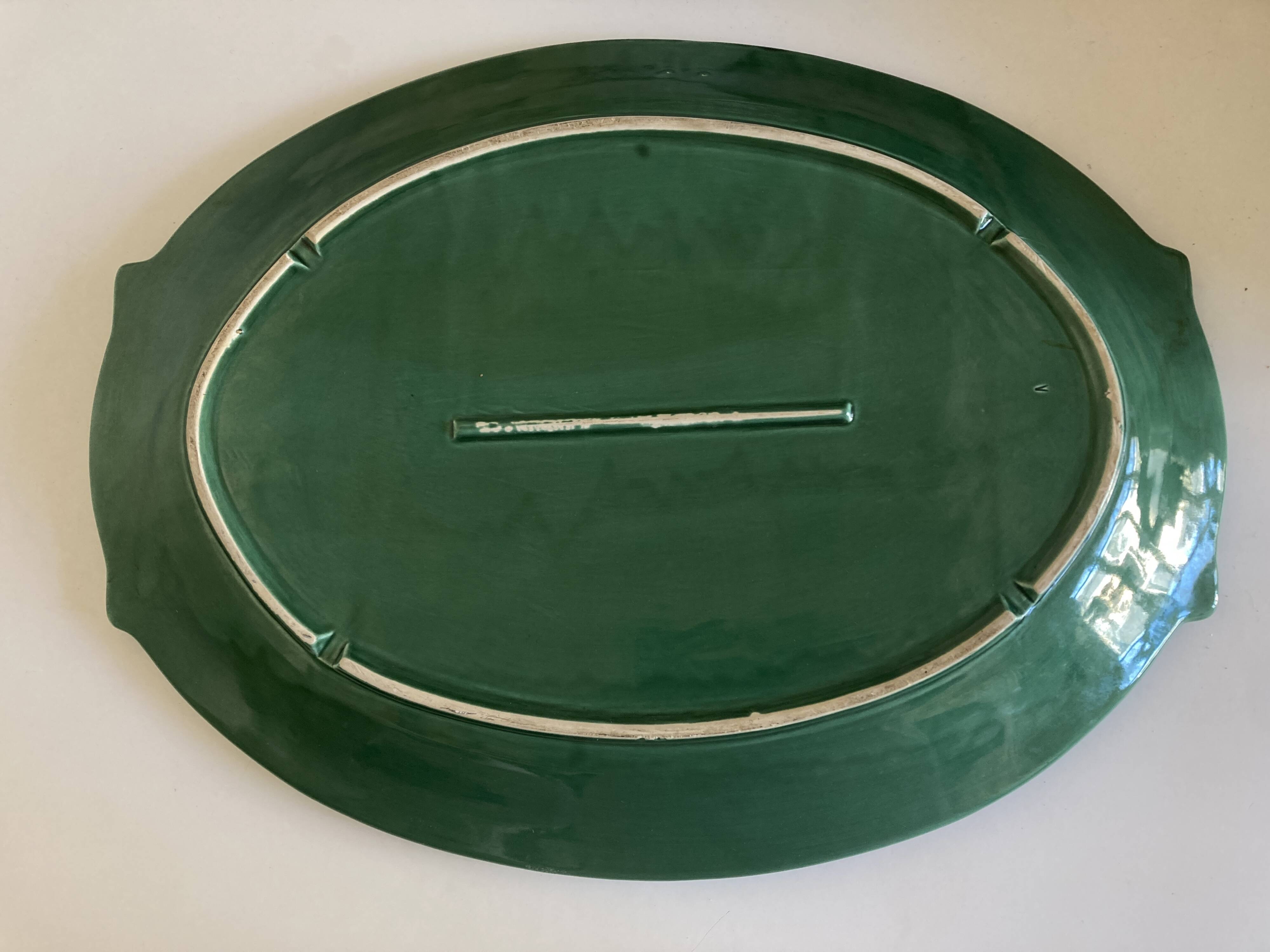XXXL oval earthenware centerpiece dish with pearl decor, green covered, 1960s
