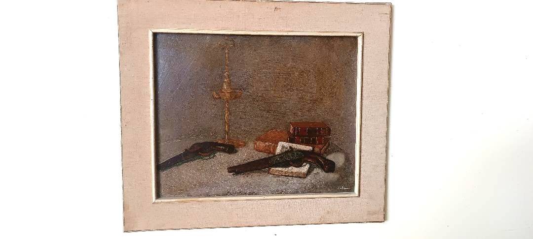 Oil painting on faesite books and lamp - signed 70s