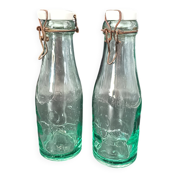 Paire de bouteilles à limonade anciennes mercur 1l verre vert & bouchons po