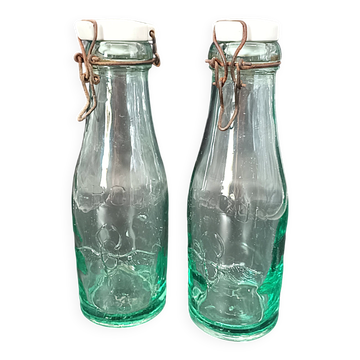 Paire de bouteilles à limonade anciennes mercur 1l verre vert & bouchons po