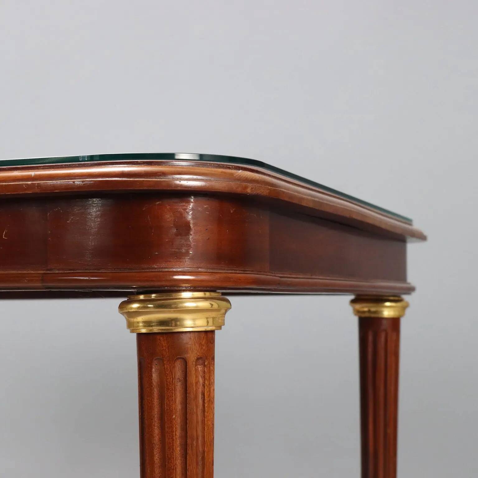 Antique mahogany table with gilded bronze and glass, United Kingdom 1900s