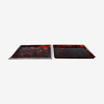 Pair of vintage trays in briar effect lucite