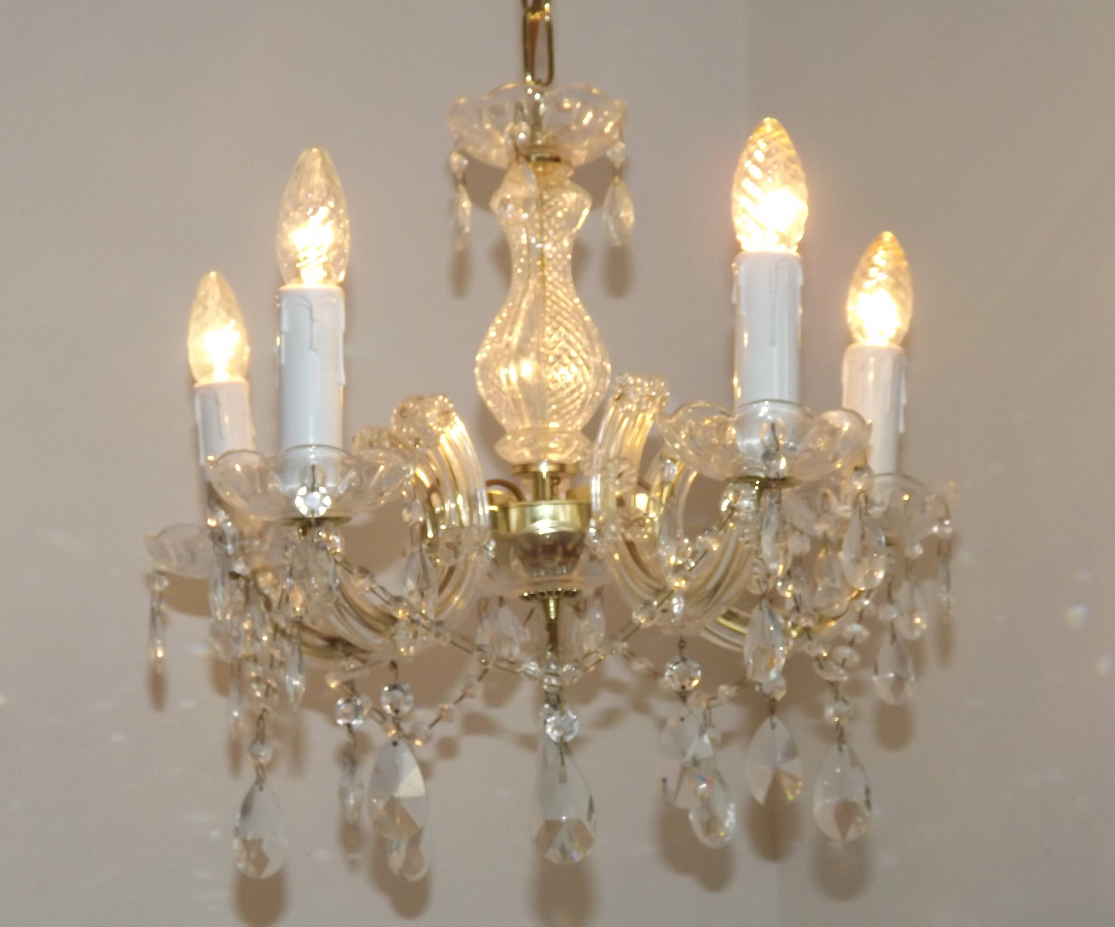 Vintage French Metal Crystal and Glass 5 Arm Paris Chic Style Chandelier