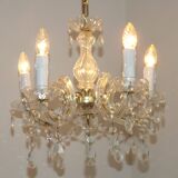 Vintage French Metal Crystal and Glass 5 Arm Paris Chic Style Chandelier