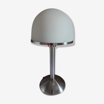 Brushed metal mushroom lamp and Bauhaus art deco style glass