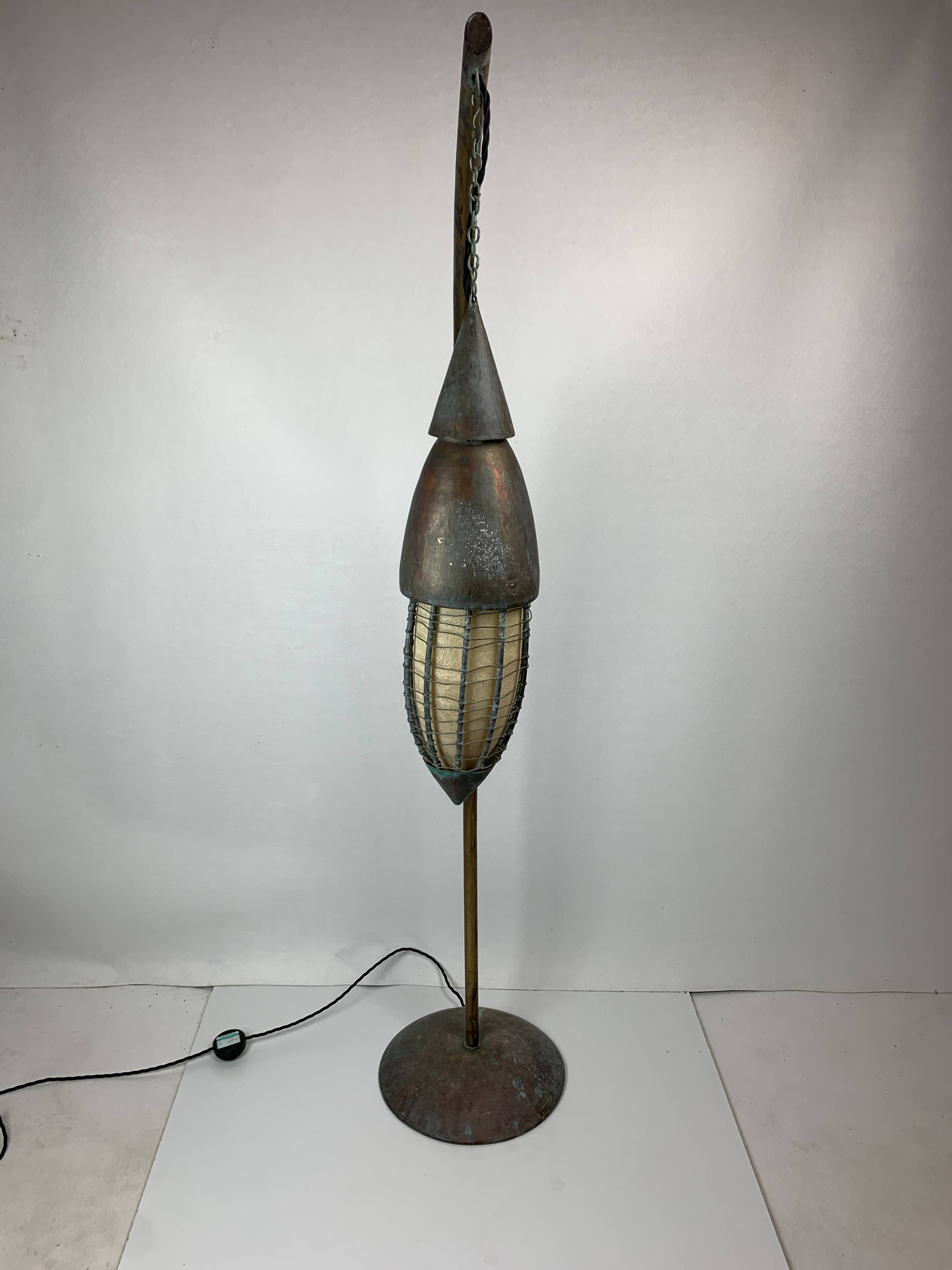Patinated rustic copper and steel floor lamp with lantern, Indonesia 1980s