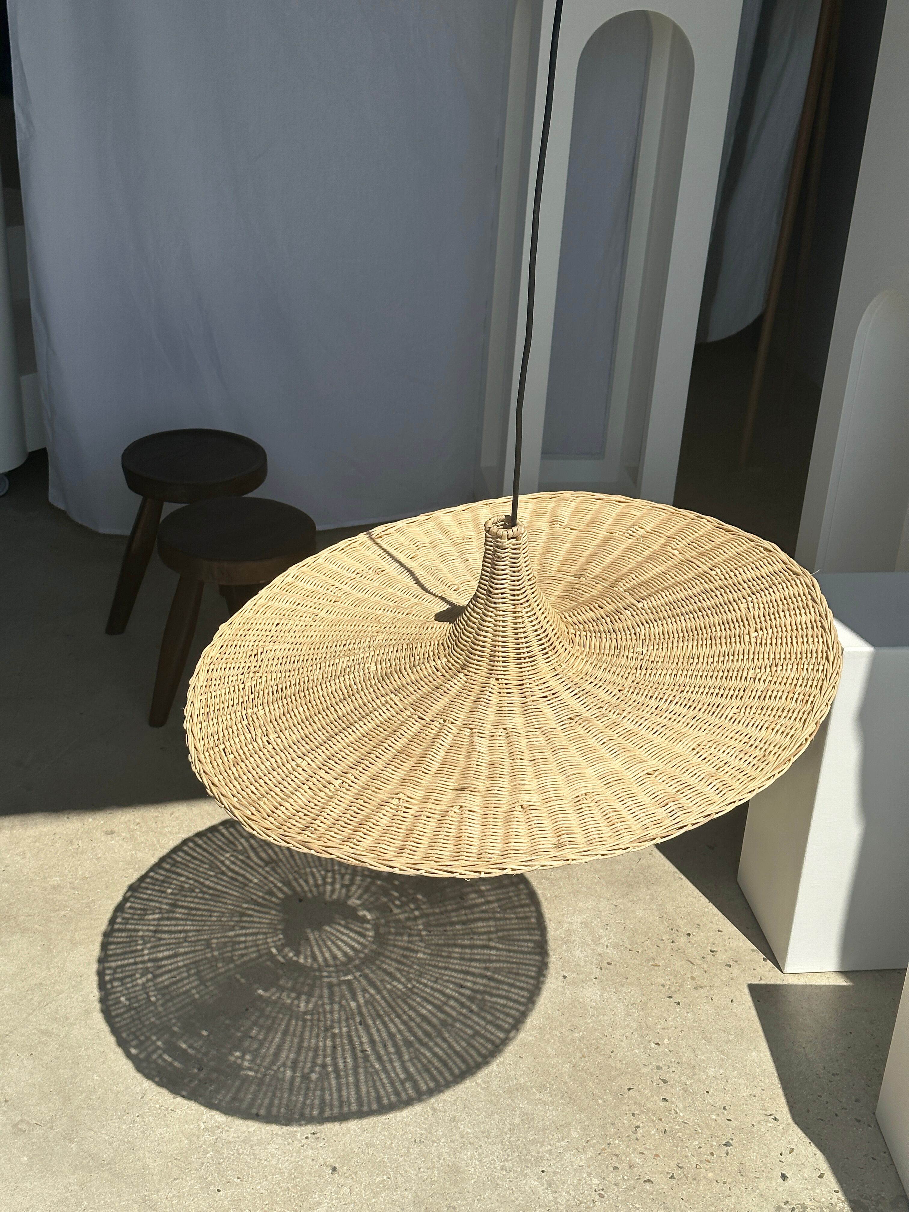 Large suspension, rattan luminaire in hat shape D:80cm