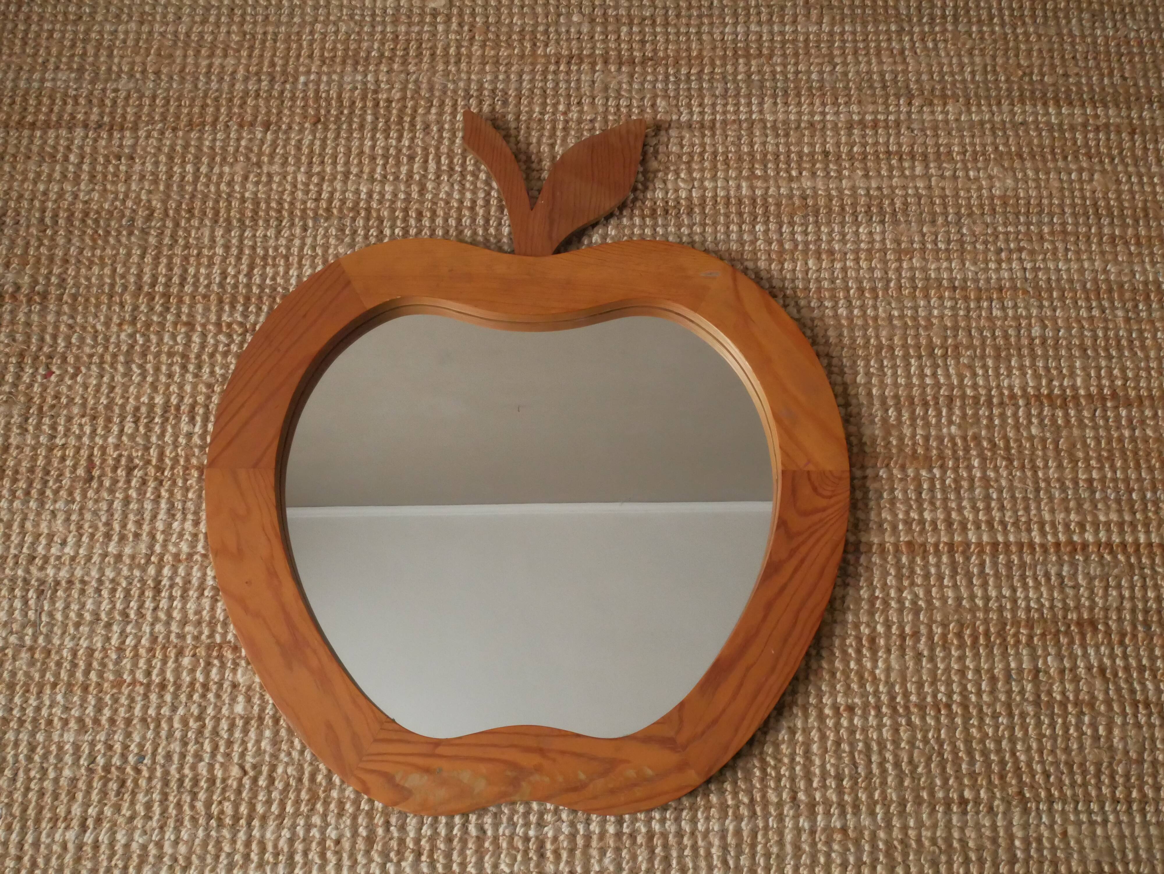 Large XL vintage retro wooden apple mirror, handcrafted, handmade object for children