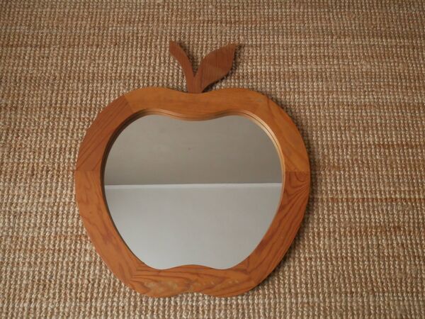 Grand miroir pomme XL vintage rétro en bois fabrication artisanale objet fait main pour enfant