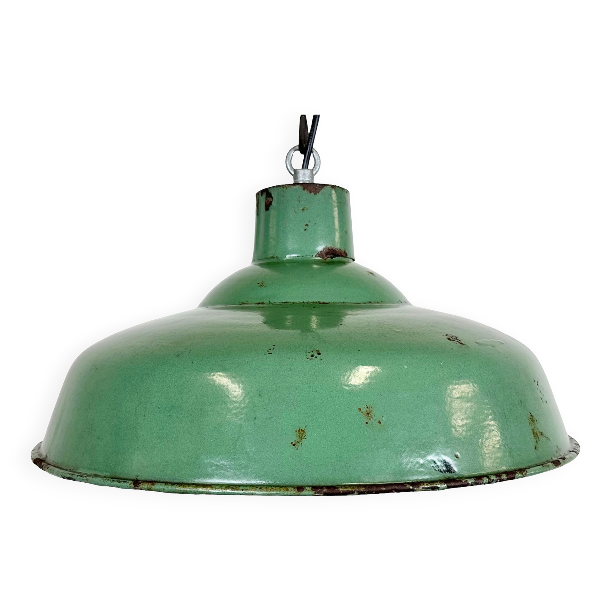 Industrial french green enamel factory lamp, 1960s