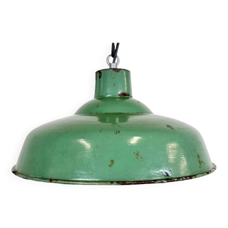 Industrial french green enamel factory lamp, 1960s