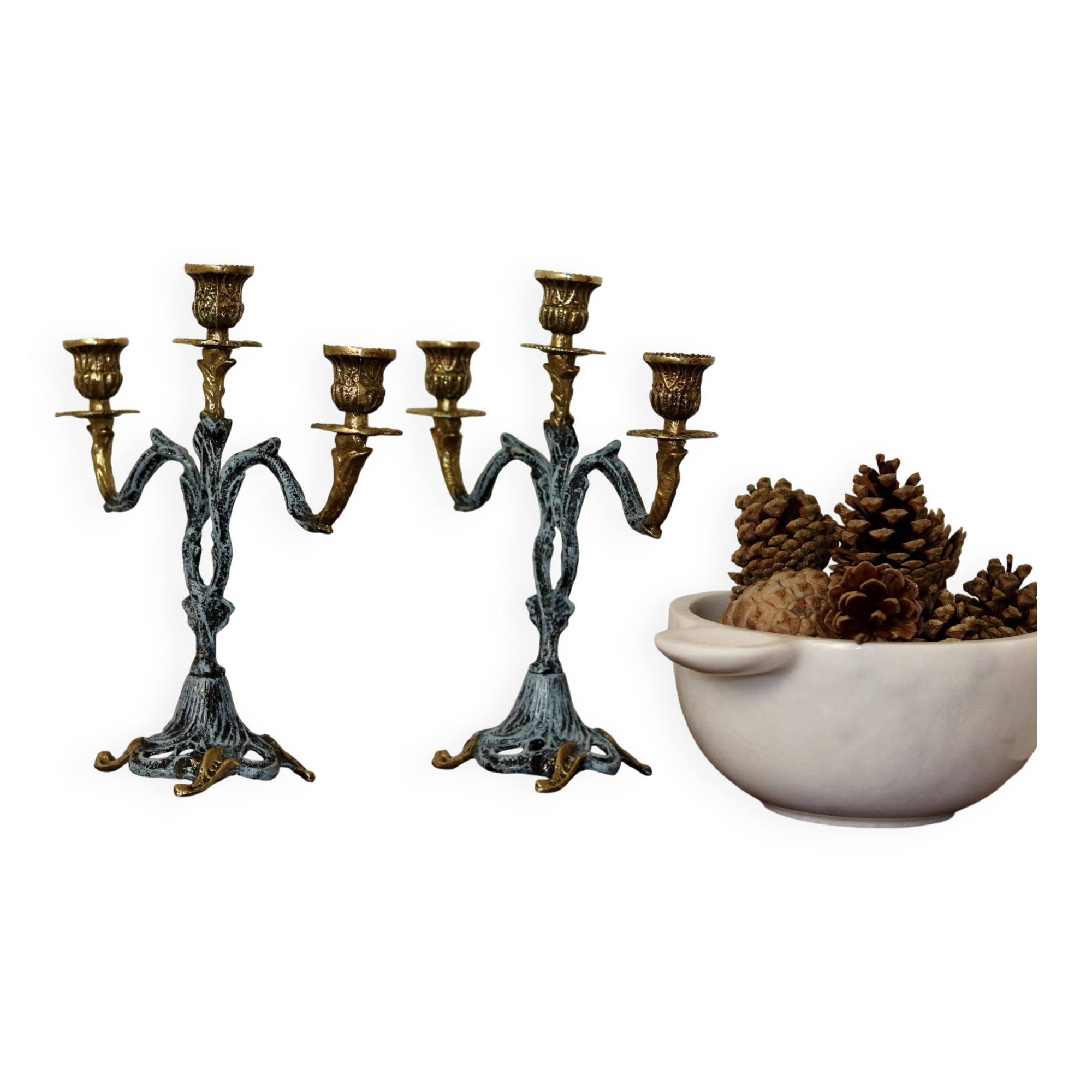 Brutalist Style Pair of Vintage Brass Candleholders