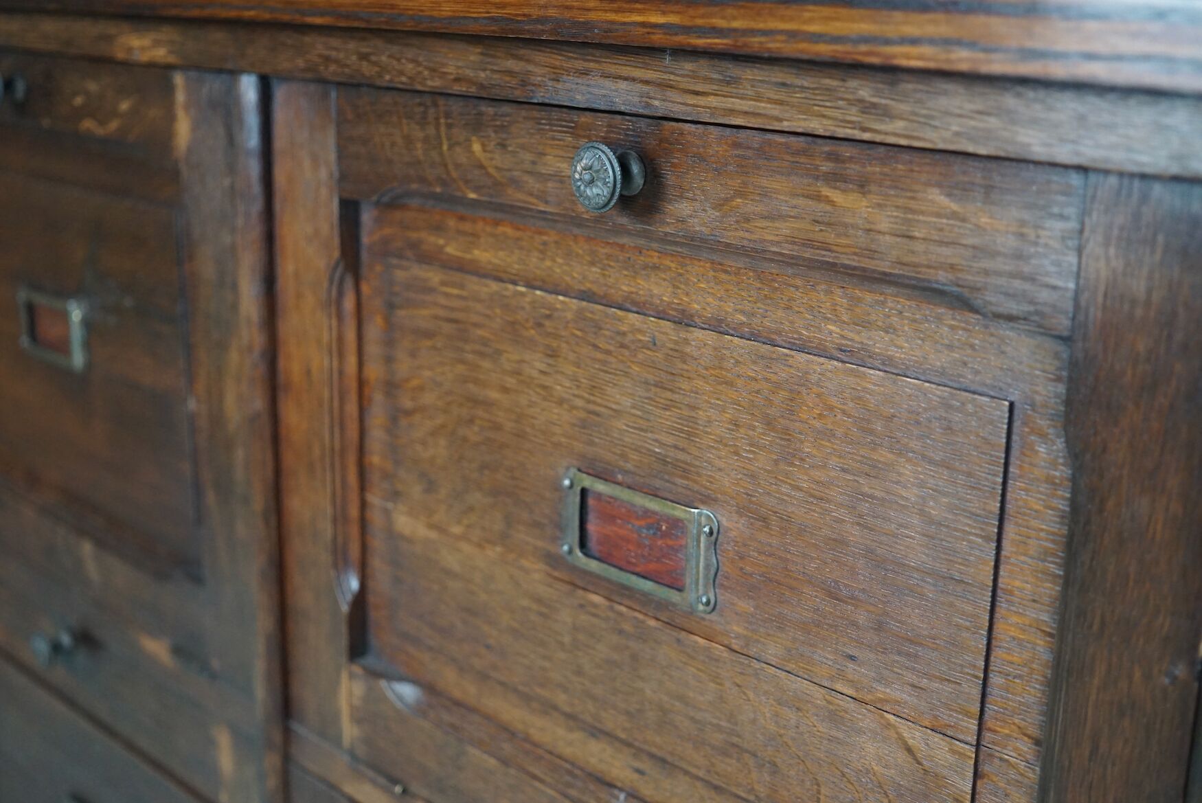 Antique french oak apothecary / filing cabinet folding doors, late 19th century