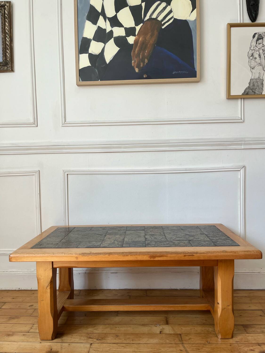Brutalist wood and ceramic coffee table