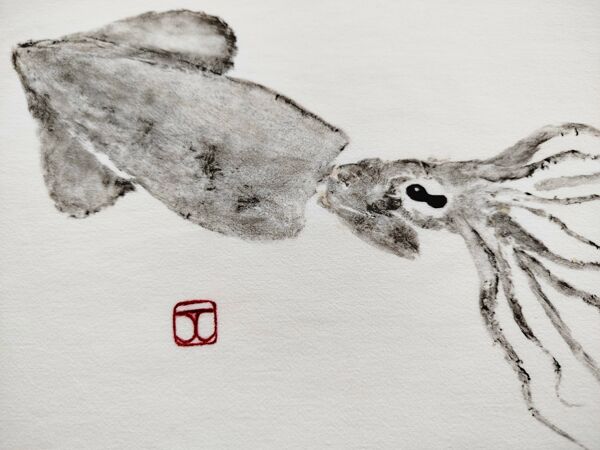 Empreinte originale d'un calamar, tableau encadré