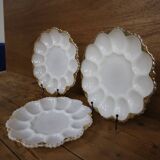 3 vintage plates for deviled eggs / oysters in white glass and gold