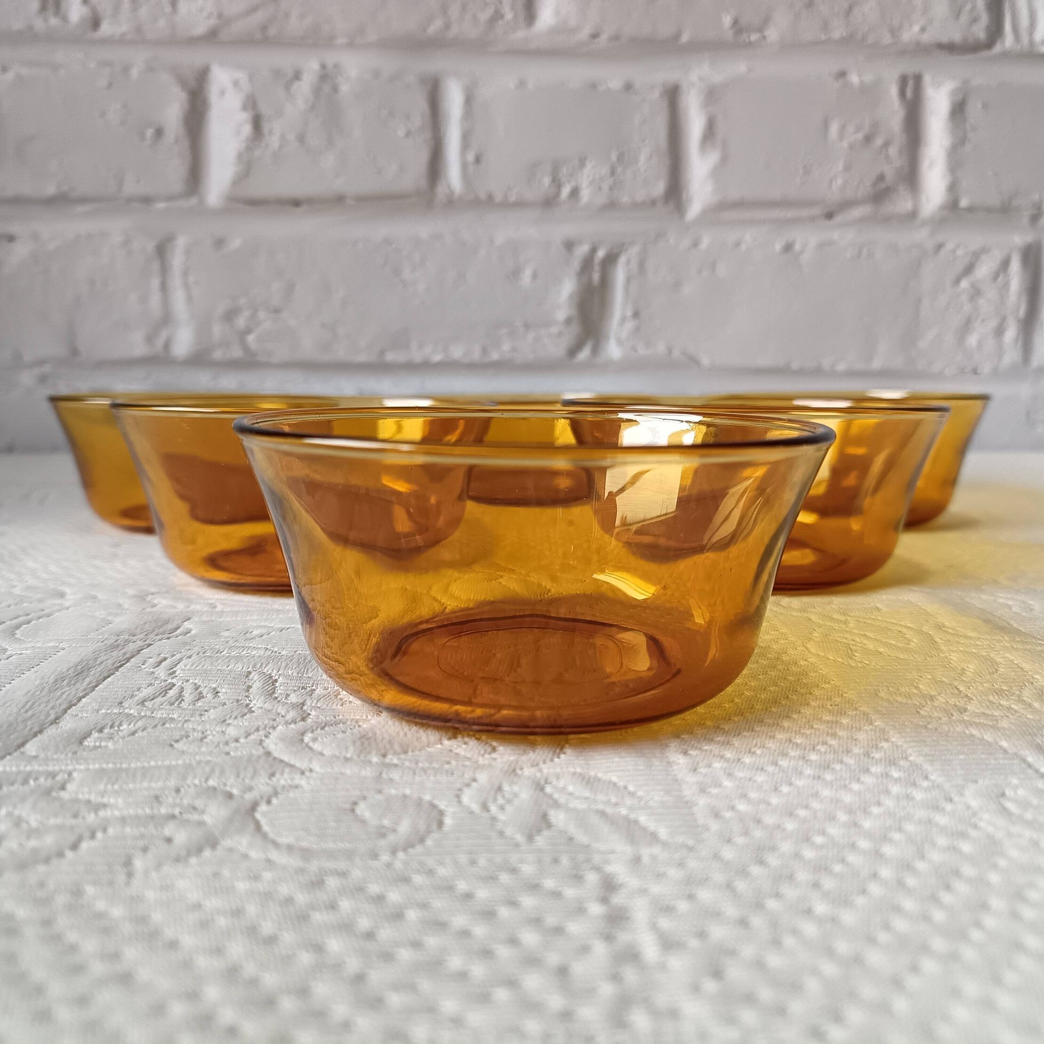 6 amber glass dessert bowls Vereco vintage France