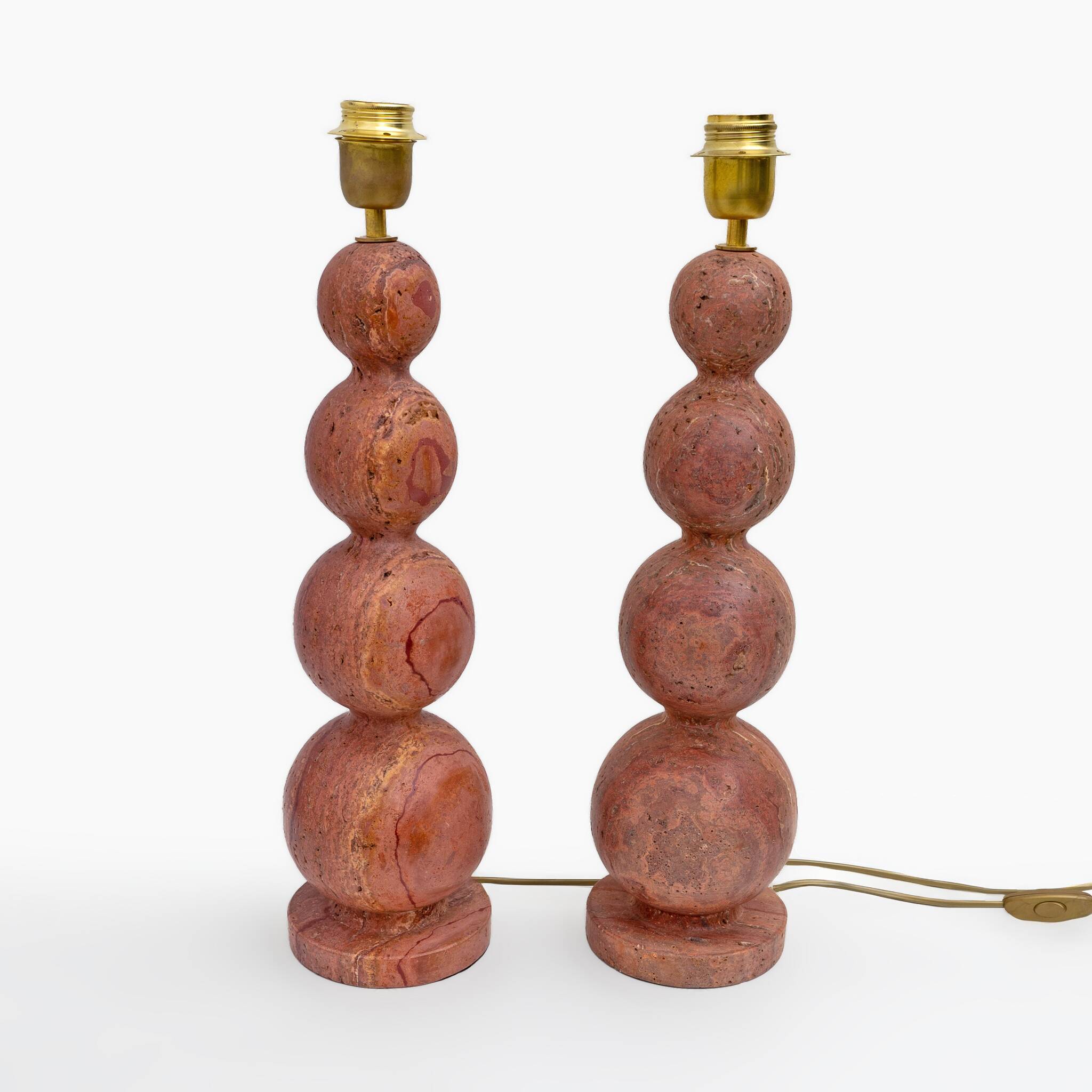 Pair of Italian Modern Red Travertine Sphere Lamps