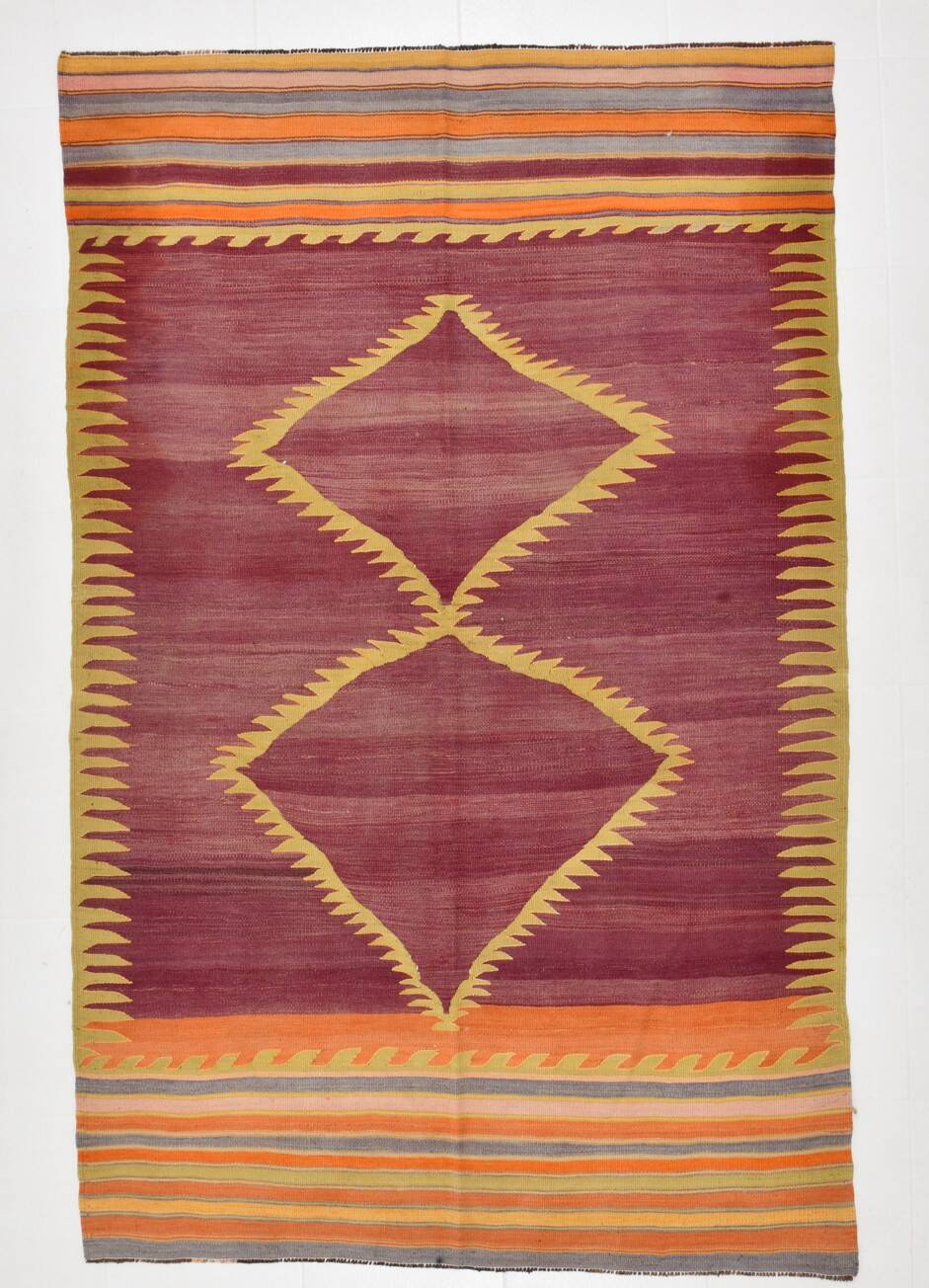 Wine Red & Orange Mid Century Modern Wool Kilim Rug, 153x239 Cm