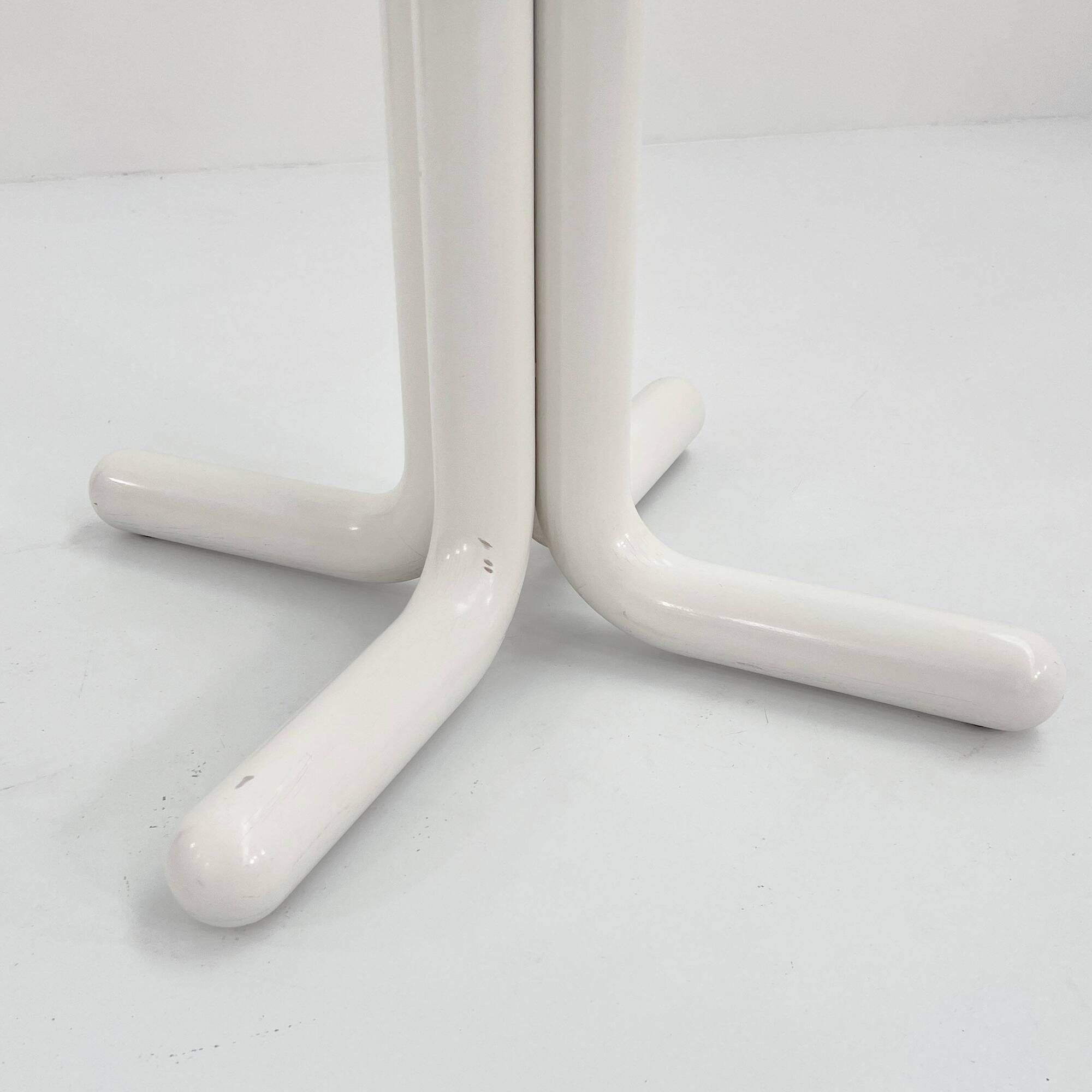 135 cm dining table with thick rounded white wooden legs and glass top, 1980
