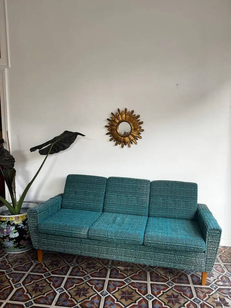 Mid-century sofa, three-seater in turquoise shade
