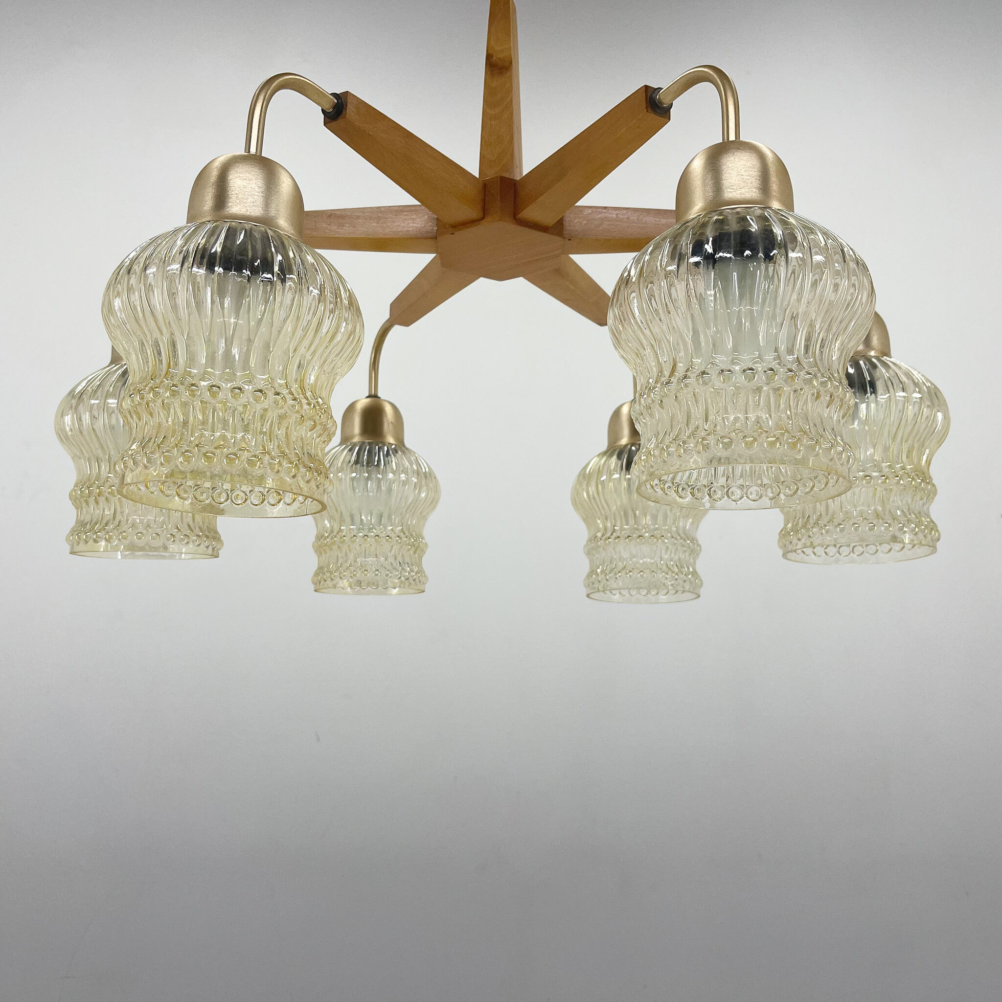 1970's Wood & Glass 6-arm Chandelier, Czechoslovakia