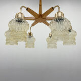 1970's Wood & Glass 6-arm Chandelier, Czechoslovakia
