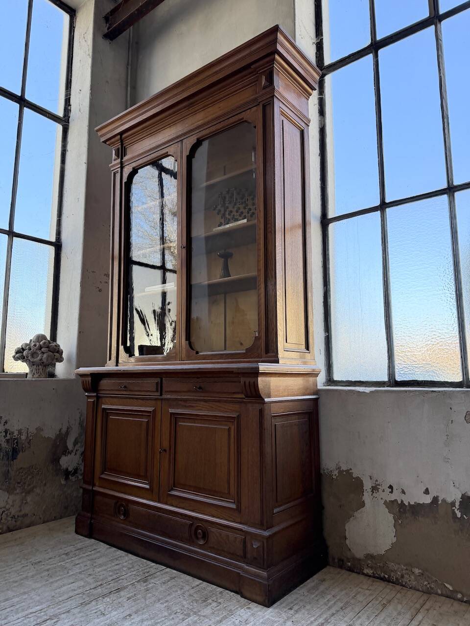 Antique XL Napoleonic oak glass bookcase, 19th century