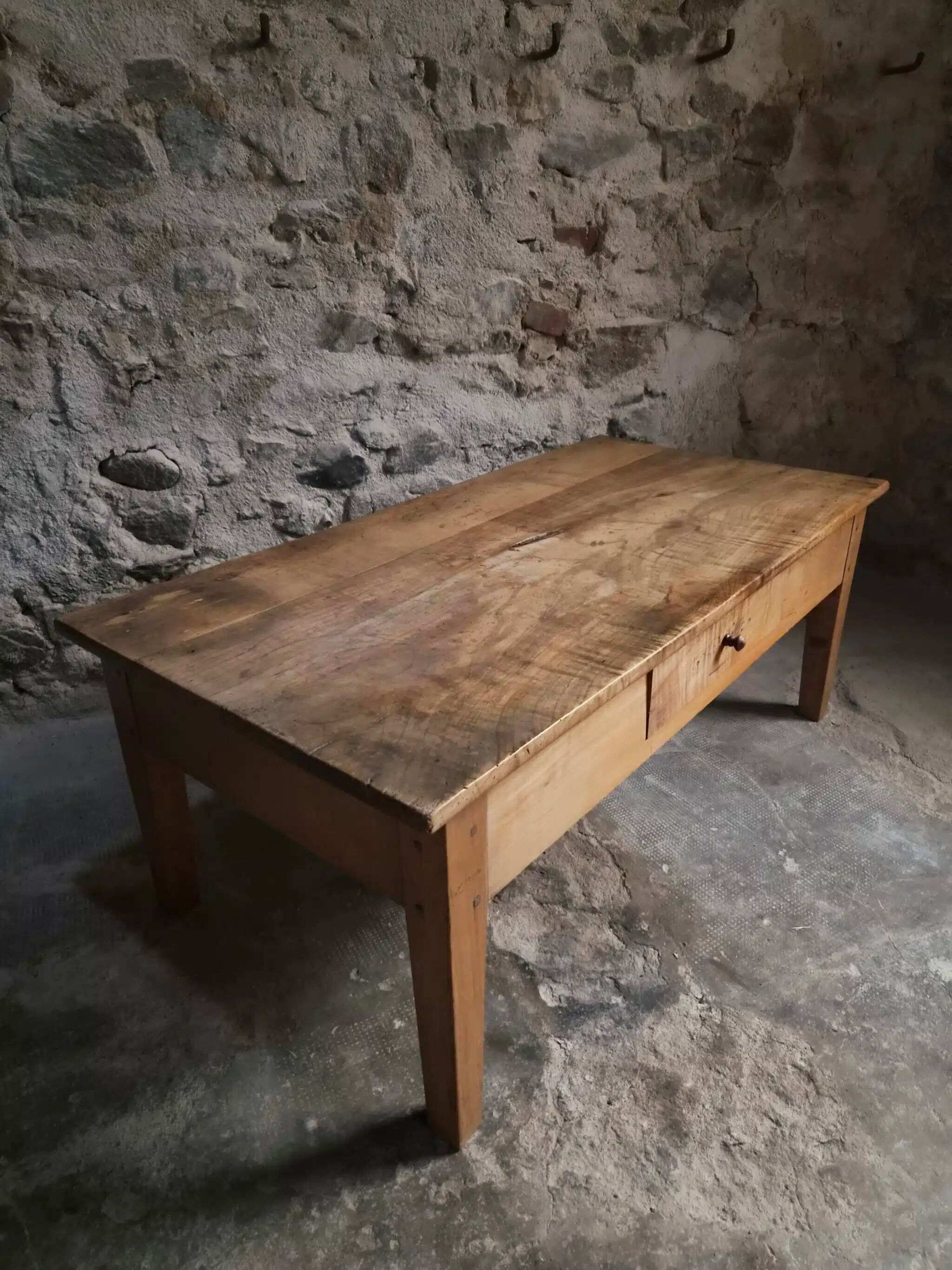 Antique French coffee table, 18th-century cherry farmhouse table with a drawer.